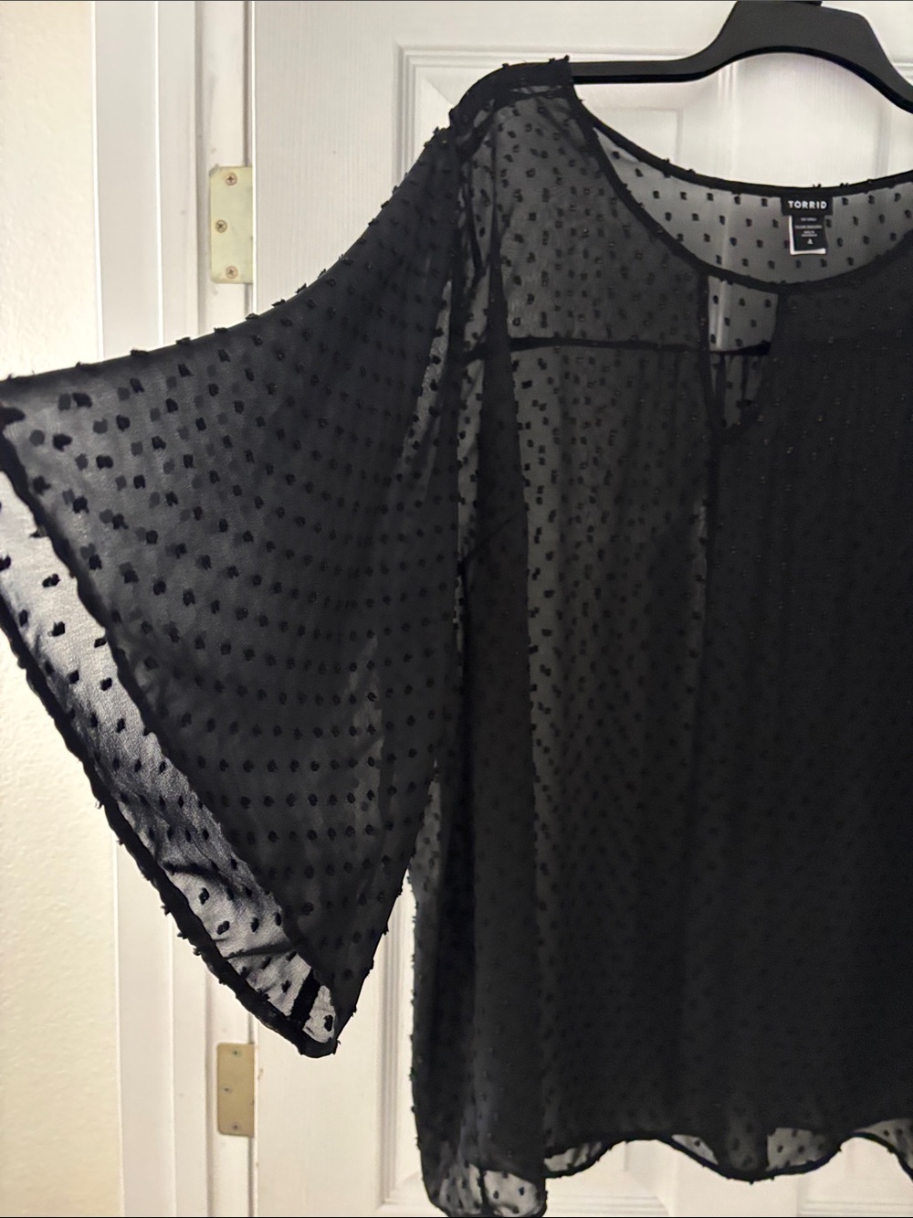 torrid Black Sheer Swiss Dot Peasant Blouse Size 4 with 3/4 length sleeves
